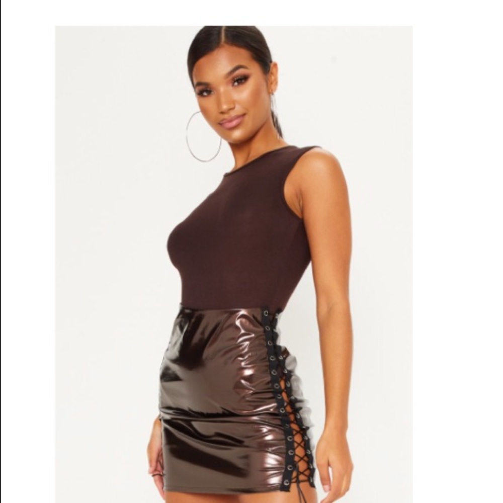 Chocolate Vinyl Double Lace Up Mini Skirt